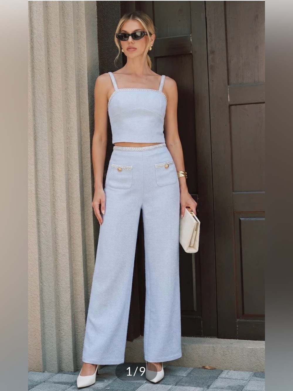 Commense Textured Crop Cami Top & Wide-Leg Pants Set